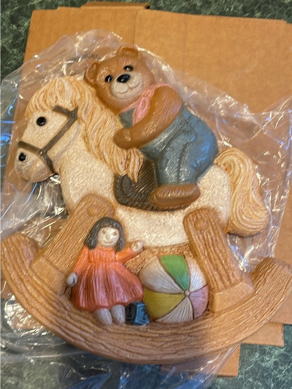 Teddy Bear on Rocking Horse Kids Toys - plaque Brown & Cream